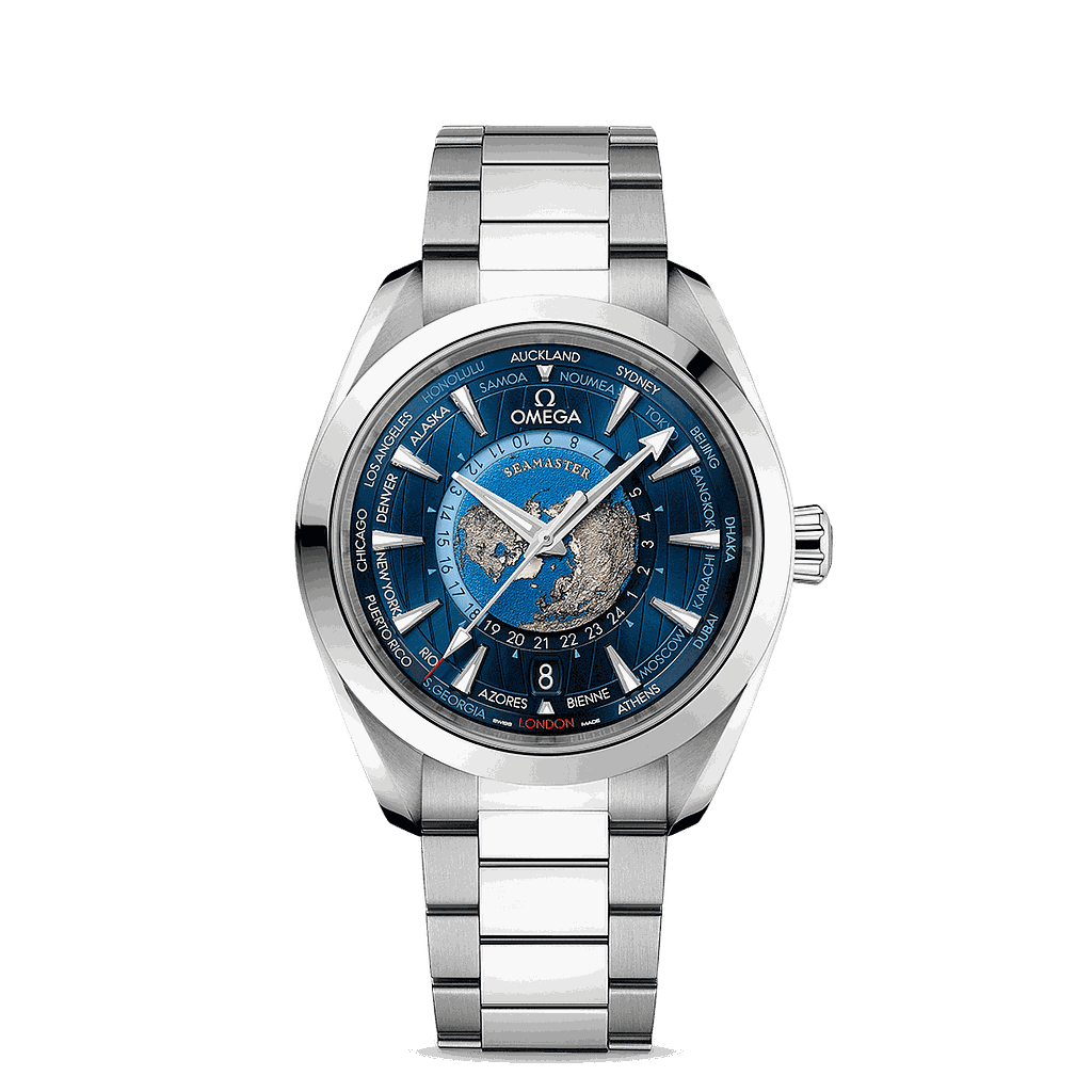 OMEGA · AQUA TERRA 150M CO‑AXIAL MASTER CHRONOMETER GMT WORLDTIMER 43 MM  220.10.43.22.03.001 Acero con Acero 